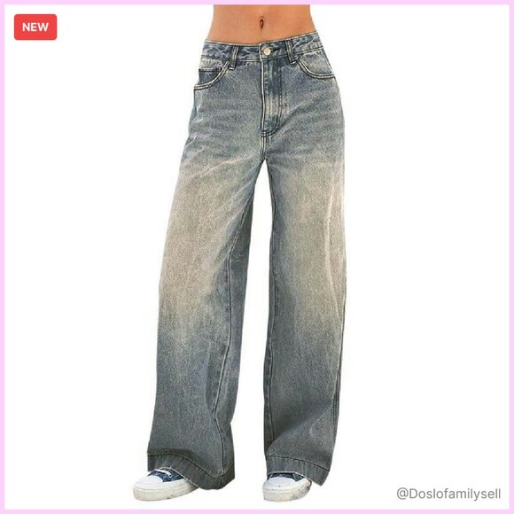 Vintage Y2K Wide Leg Jeans Distressed Mid Waist Denim Pants Baggy Fit